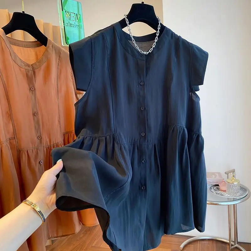 2024 Summer New Women's Korean Commuter Blouse Crew Neck Button Spliced Shirring Elegant Loose Sleeveless Midi Shirt Tops