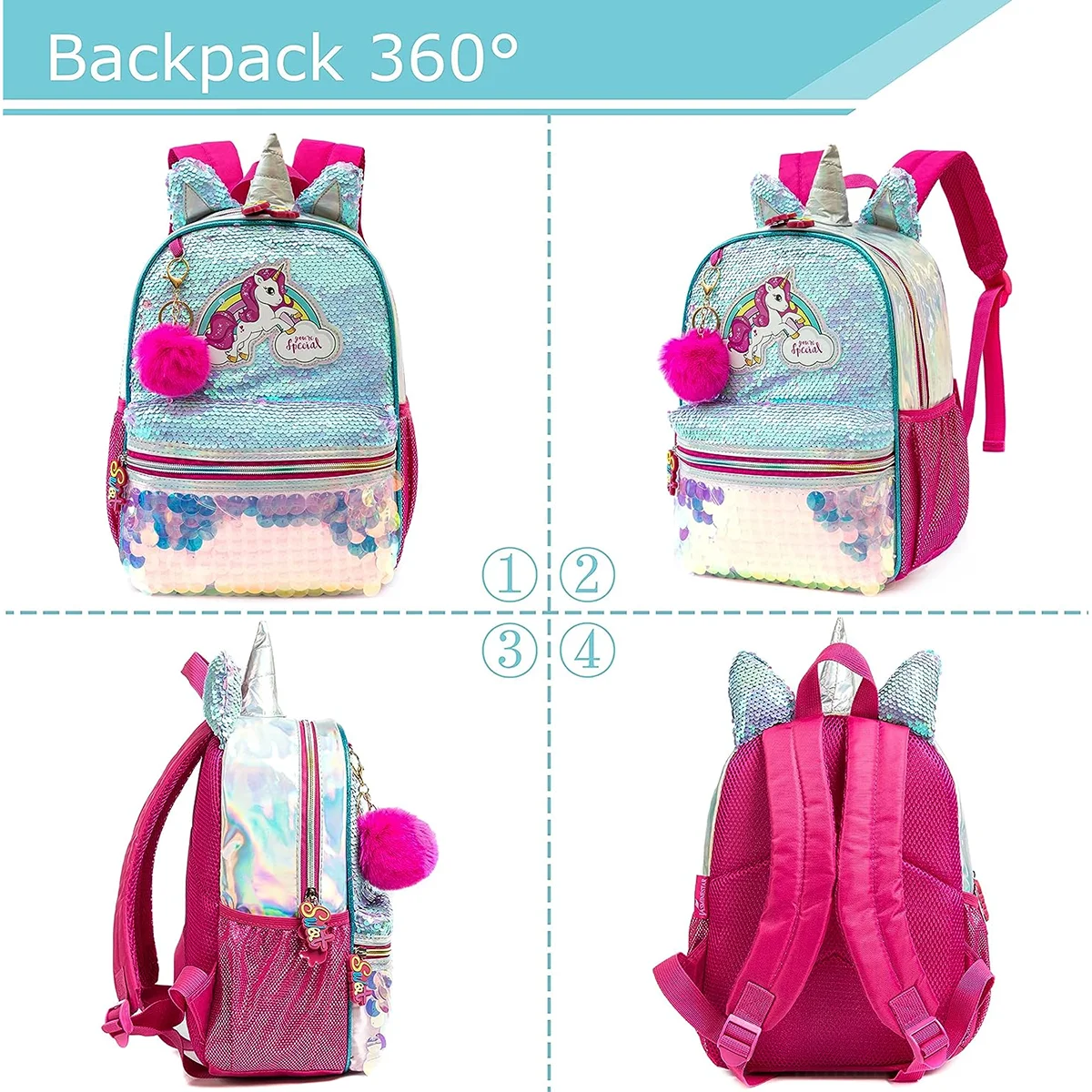 13‘’ Backpack for Girls Kindergarten Bag Sequins Kindergarten Primary School Backpack Girl School Bag 5