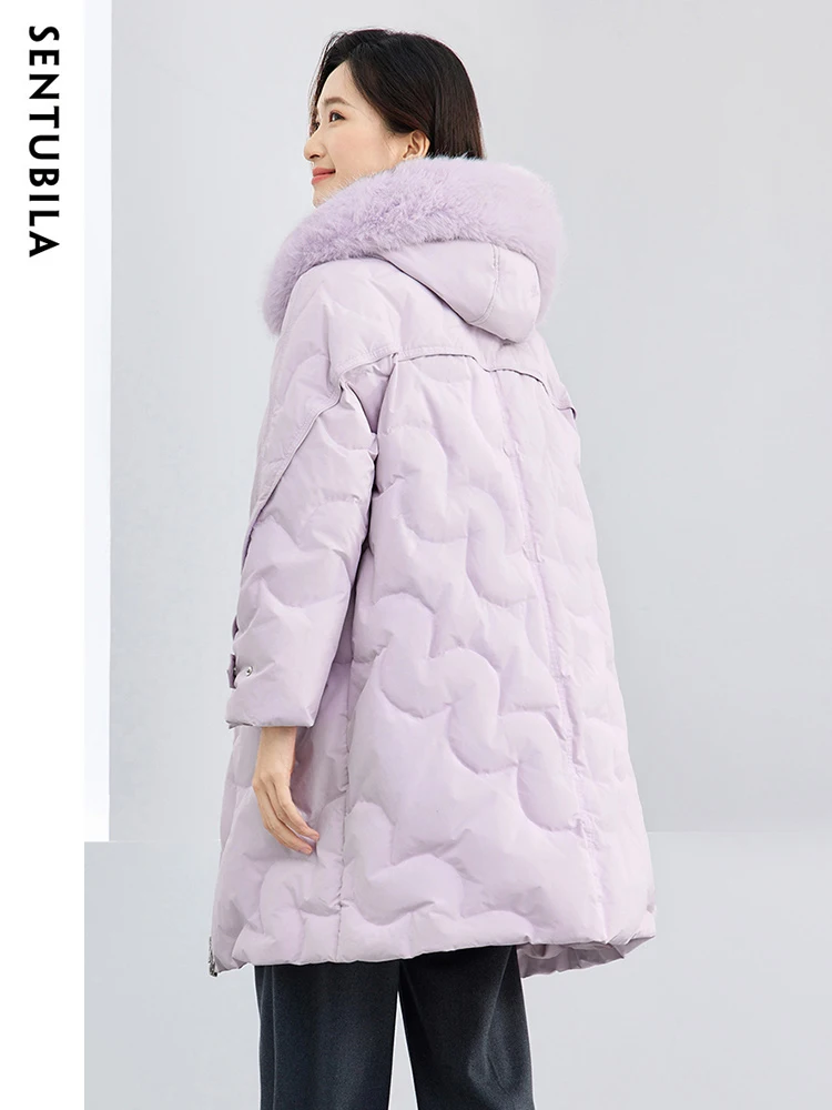 SENTUBILA Women's 90 White Duck Down Jacket 2024 Winter Hooded Loose Warm Puffer Jacket Female Midi Sweet New Outwear W34Y50770