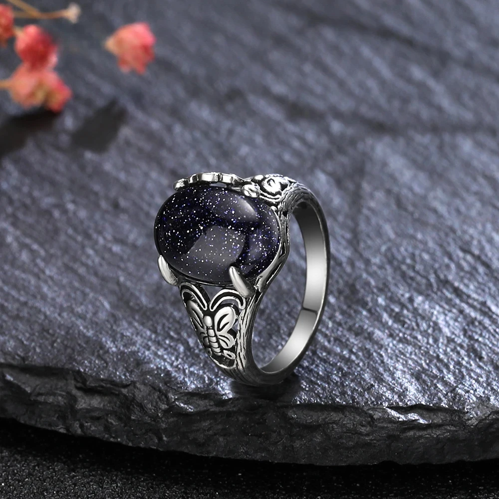 

Vintage Blue Sandstone Butterfly Ring 10*14MM Natural Turquoise Ring 925 Sterling Silver Rings for Women Fine Jewelry Gift