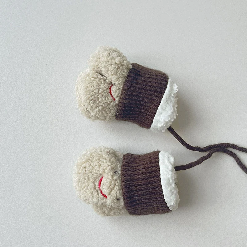 Lamb Fleece Children Gloves Winter Warm Baby Plush Mittens 1-4year Boy Girl Kids Hanging Neck Fingerless Gloves Cartoon Glove winter gloves baby mittens