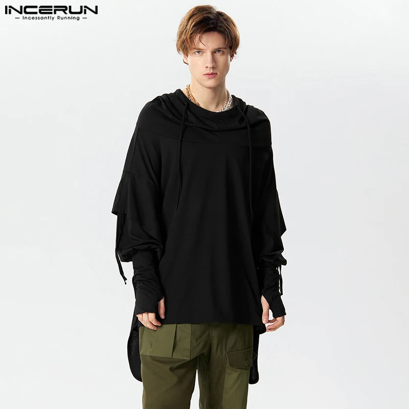 

American Style Fashion Men's Thimble Hoodies Casual Solid All-match Male Drawstring Long Sleeved Hoodie S-5XL INCERUN Tops 2024