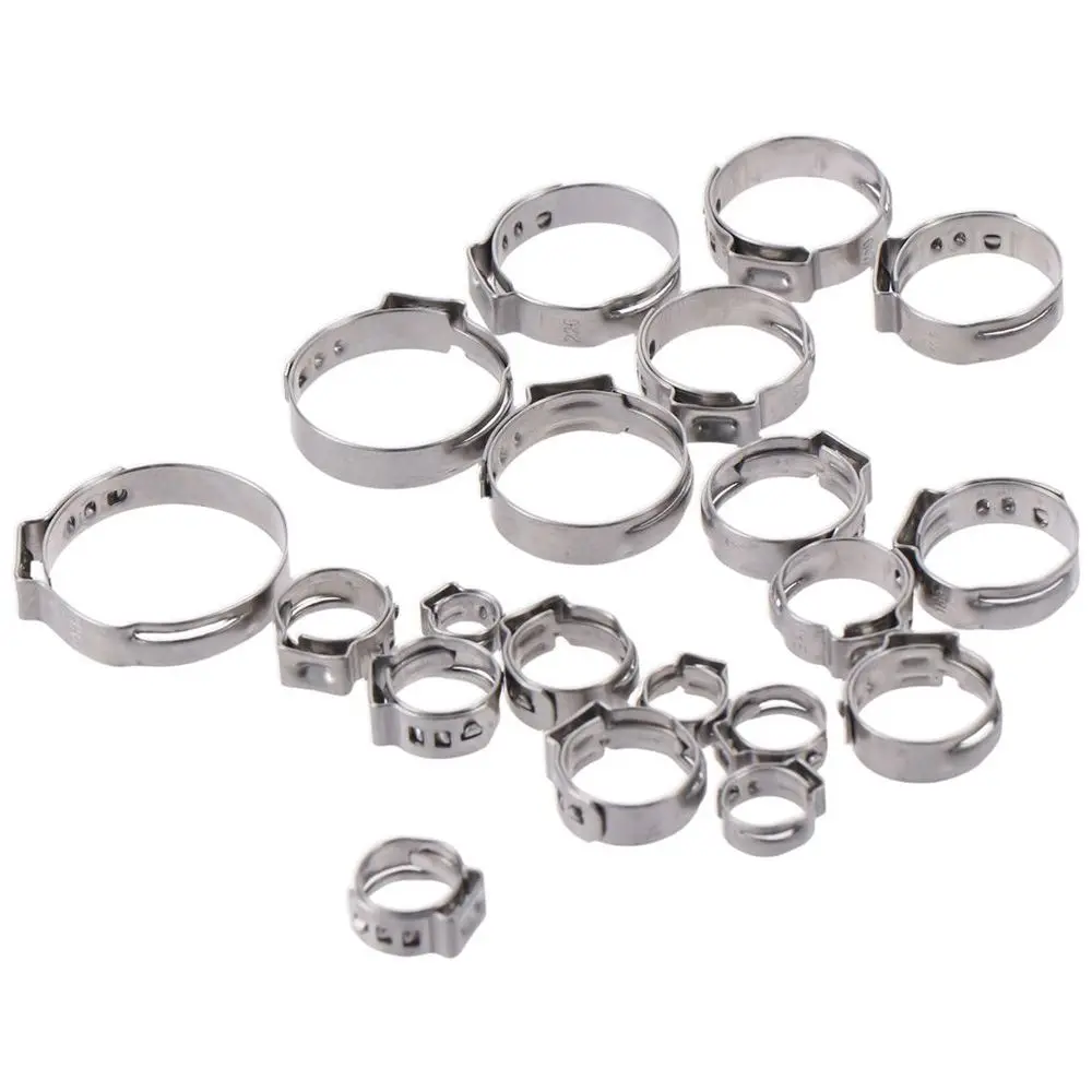 420Pcs 304 Stainless Steel Single Ear Hose Clamps 20 sizes 7-28.6mm Pex Crimp Rings Crimp Hose Clamp Securing Pipe Hose