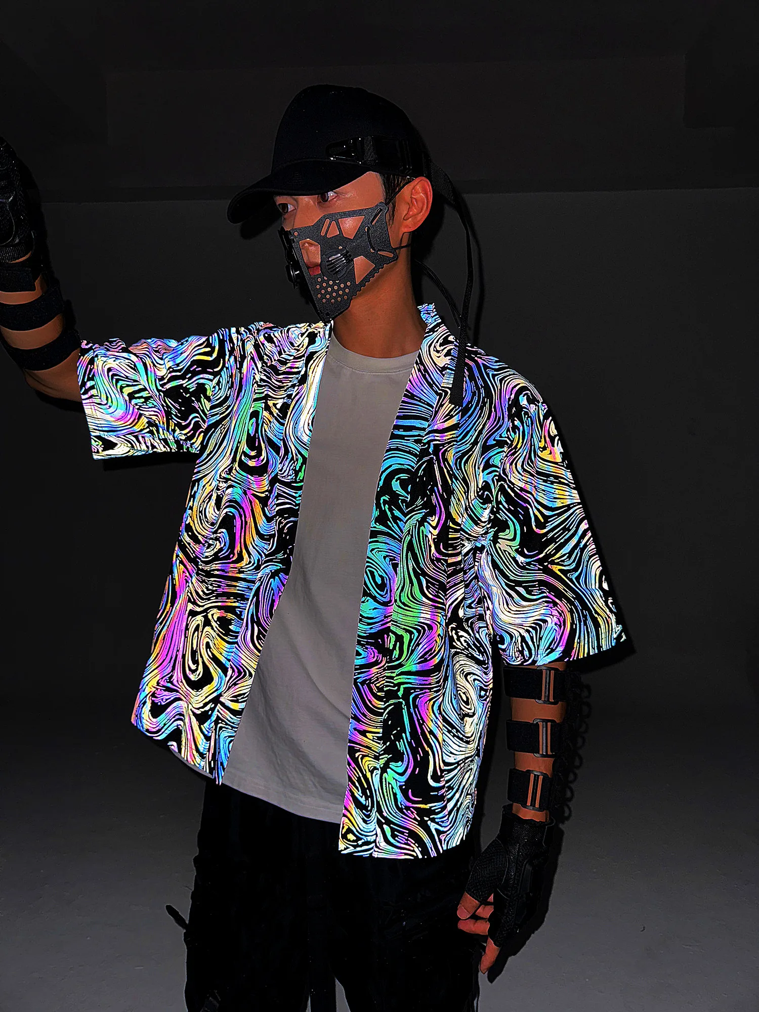 Men Autumn Colorful Reflective Punk Hip Hop Short Sleeve Shirt Japanese Style Knitted Cardigan Kimono