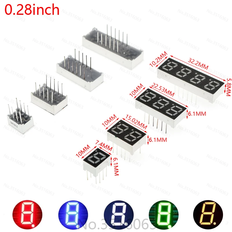 thumbnail image 1 of Pantalla de tubo digital LED de 5 piezas, 0,28/0,36/0,4/0,56/0,8 pulgadas, 1/2/3/4 bits, 7 segmentos, cátodo/ánodo común, rojo/blanco/amarillo/verde/azul, 1 of 5