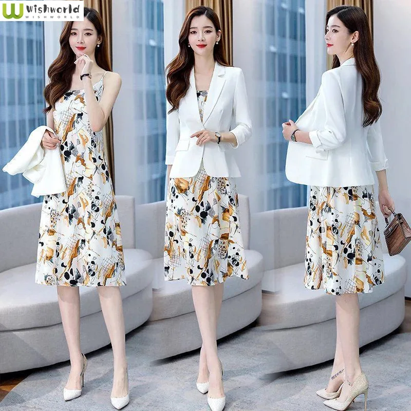 Suspender Print Dress Women's Spring and Autumn 2022 New Style Temperament Suit Skirt Two piece Set Elegant Women's Skirt Set small suit suit printed suspender skirt two piece skirt 2022 spring and autumn new women s fashion temperament floral skirt