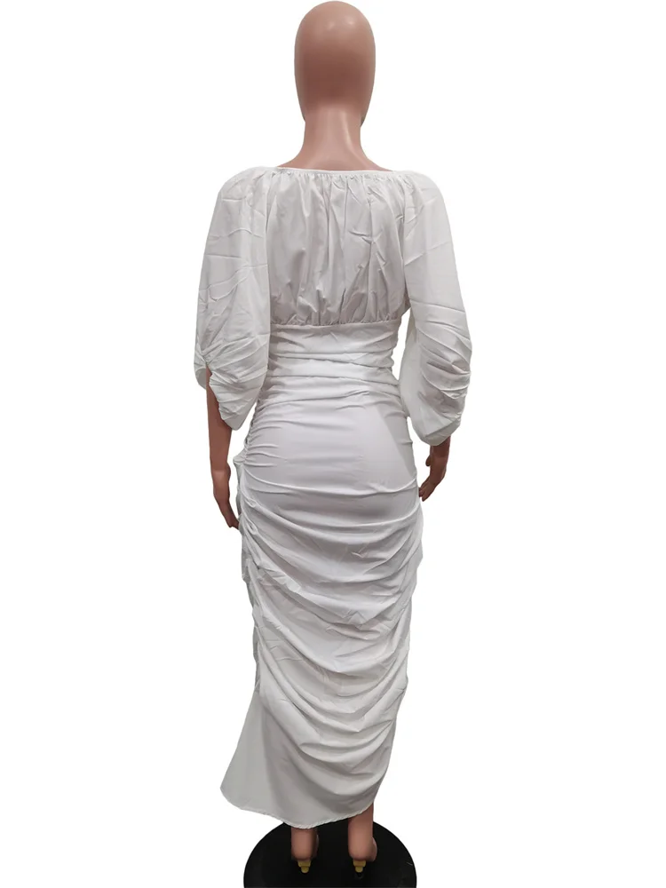 Wmstar Women Dress Autumn Elegant Solid Color Fashion O Neck Lantern Long Sleeve Irregular Ruffled Slim Party Lady Long Dresses