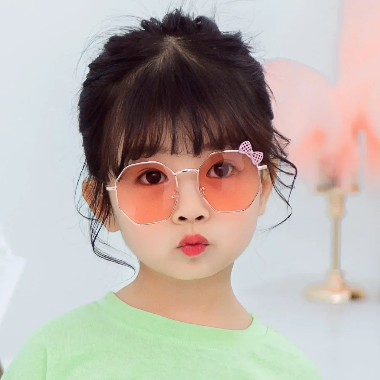 Trendy Fashion Boys and Girls Bow Metal Sunglasses B010 Polygon Trend Children's Sun Glasses Kids Outdoor UV400 Eyewear