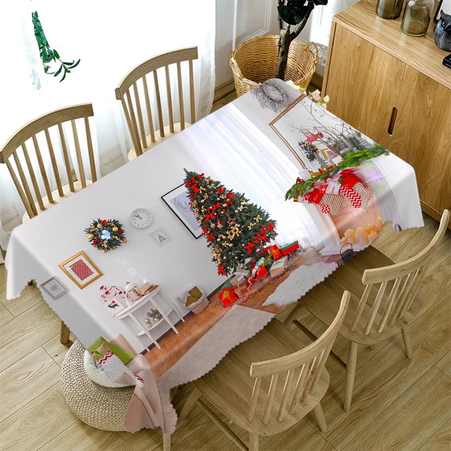 

3D Christmas Tablecloth Socks and Gifts Tree Decoration Gold Ball Rectangle Tablecloth Wedding Party Decoration Mantel Mesa
