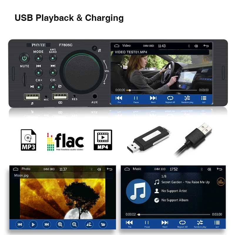 1 Din 4インチCarPlayカーラジオ Bluetooth、Android Auto、MP5