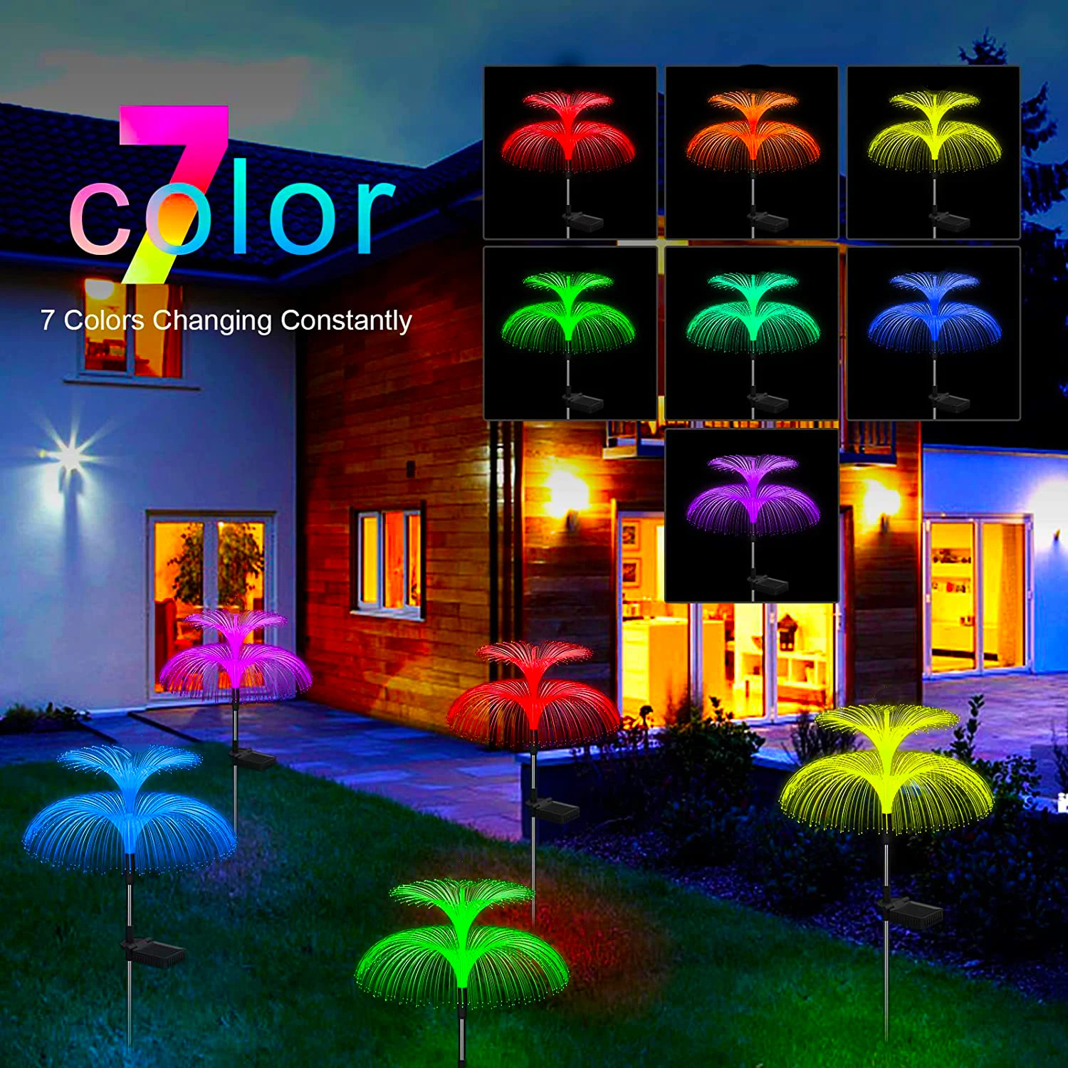 Double Solar Jellyfish Light 7 Colors Solar Garden Lights LED Fiber Optic Lights Outdoor Waterproof Decor Lamp for Lawn Patio Solar Lights Solar Led Lights Lawn Lamp Garden Lighting