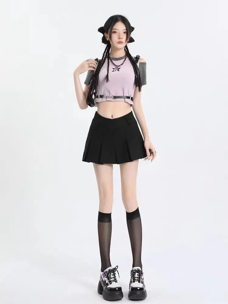 Black Women Pleated Skirts Summer V Waist Zipper Girls Dancing JK Mini Skirts Black Fashion Student A Line Faldas New
