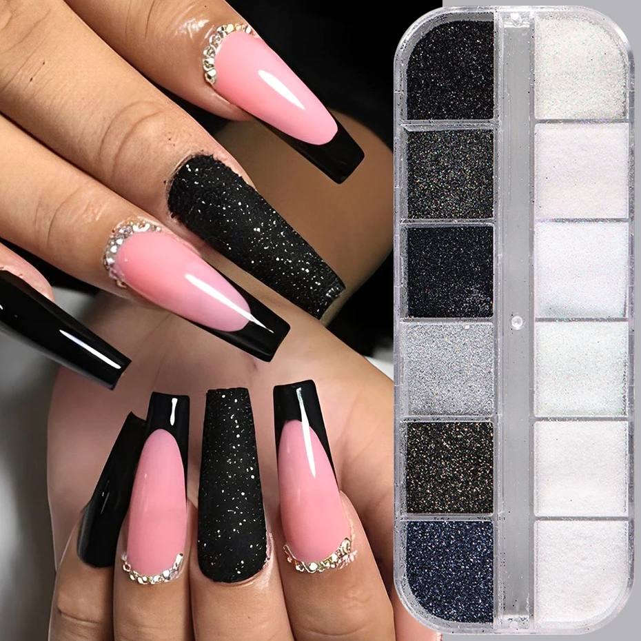 12Grids Black White Nail Glitter Powder Shiny Sugar Effect Iridescent Chrome Flakes Pigment Dust DIY Designs Nail Art Decoration