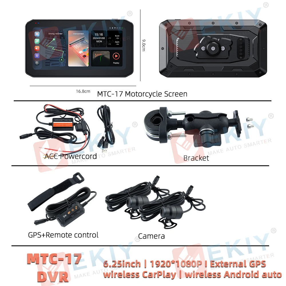 thumbnail image 1 of EKIY - Nueva pantalla de navegación para motocicletas de 6,25 pulgadas, GPS, CarPlay inalámbrico, Android Auto, reproductor inteligente, resistente al agua, monitor DVR para Moto, 1 of 5
