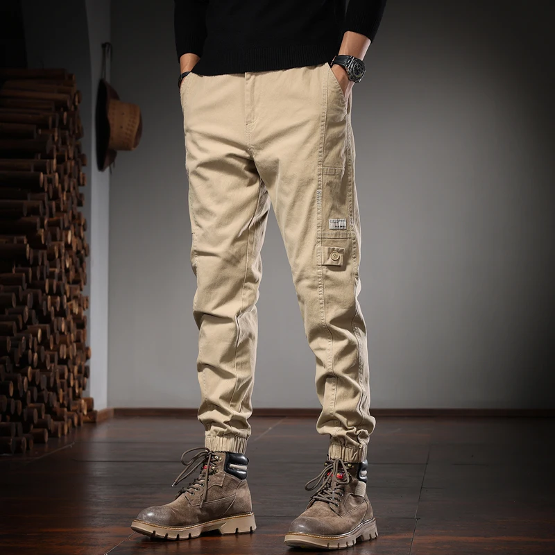 Autumn Khaki Cotton Casual Pants Men Fashion Korean Style Slim Fit Elastic Waist Trousers