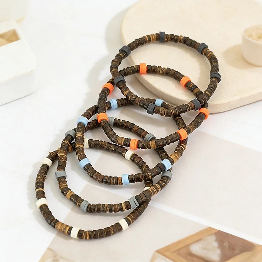Noter Neues Natürliches Kokosnuss-Perlen Holzarmband Unisex Poly Clay Strang-Armband Strand Surfing Schmuck Leichtgewichtig Bequem