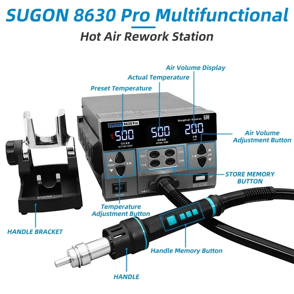 2024 SUGON 8630Pro 1300W Hot Air Gun Digital Display BGA Rework Curved Nozzle Welding Repair Desoldering Station 6