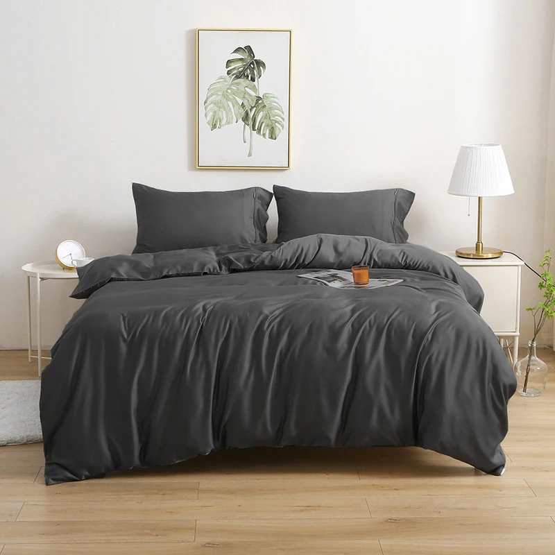 

140S Pure Cotton Bedding Set, Dark Grey Soft High Density Duvet Cover, 1 Quilt Cover 1 Flat Sheet 2 Pilloqcases, Customizable