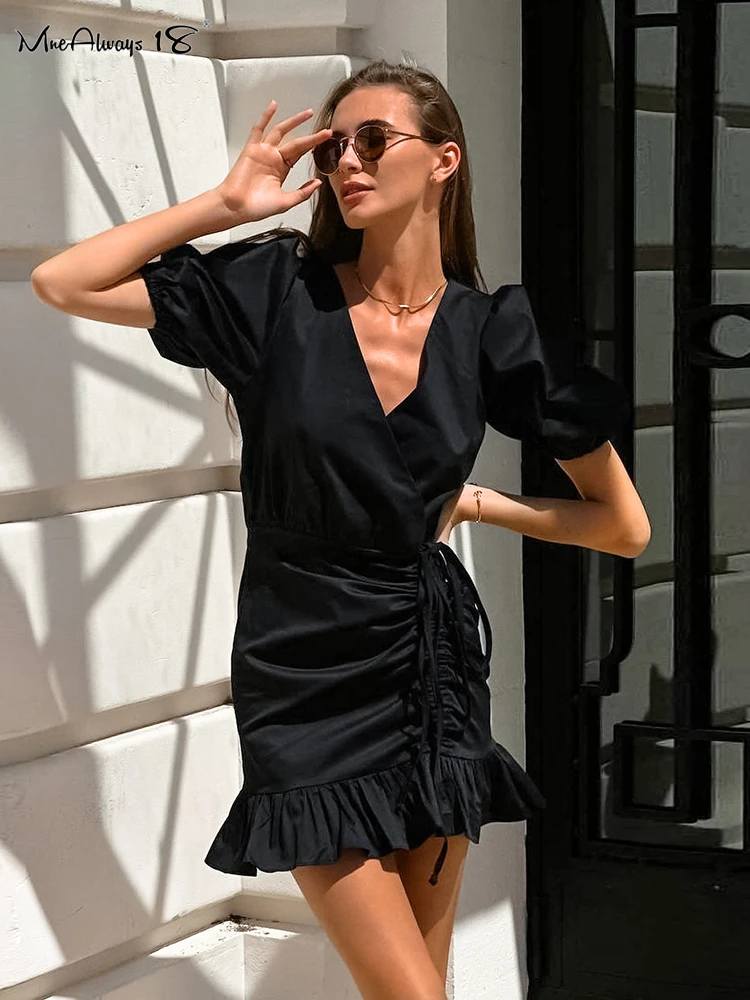 

Mnealways18 Black Drawstring Elegant Mini Dress Womens Puff Sleeves Ruffled V-Neck Office Ladies Dress Summer 2024 High Waisted
