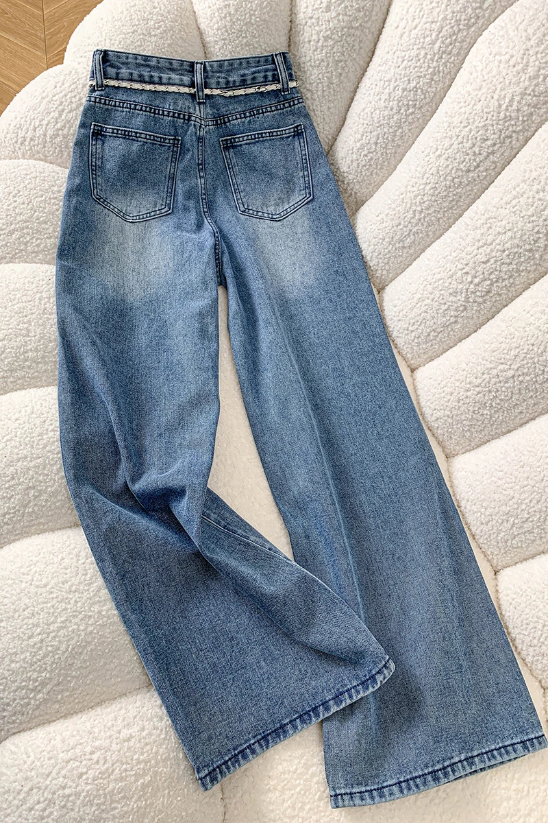 Jeans Y2K Baggy pour Femme, Printemps, avec Appliques en Dentelle, Cloutés de Cristaux, Denim Effiloché, Décorations de Perles, Coupe Évasée à Fente Haute