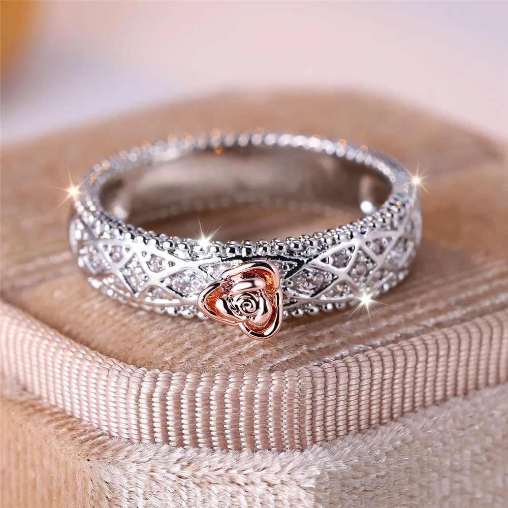 Cute Female White Stone Rose Flower Ring Vintage Silver Color Wedding Jewelry For Women