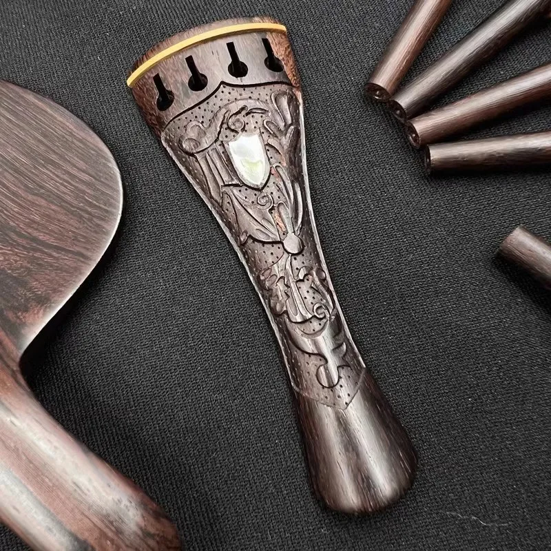 Carved patterns 1 set violin 4/4 ebony wood parts fittings,Tailpiece+Tuning pegs+Endpins+Chin rest/Chin Holder