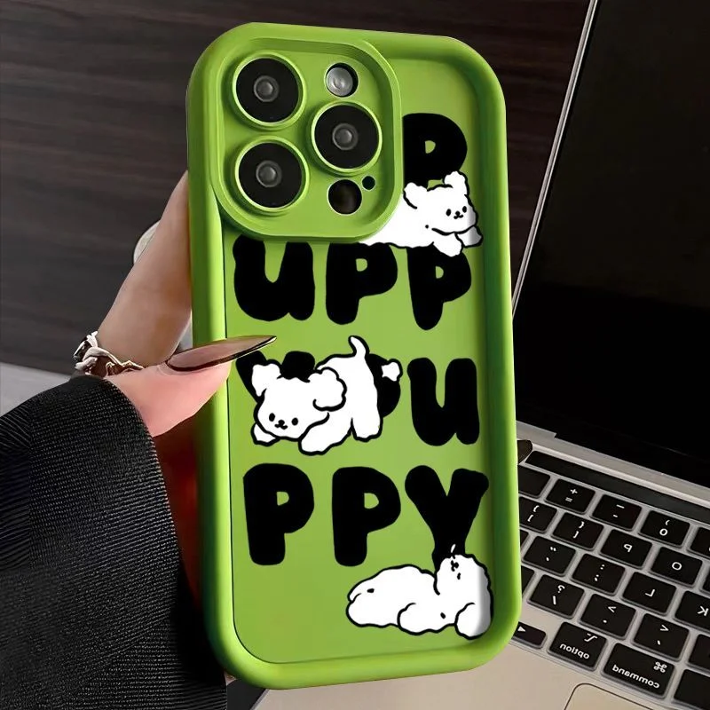 

Case for IPHONE11 12 premium sense 13PRO 14PLUS all-inclusive soft case 15 15PROMAX English little white dog mobile phone case