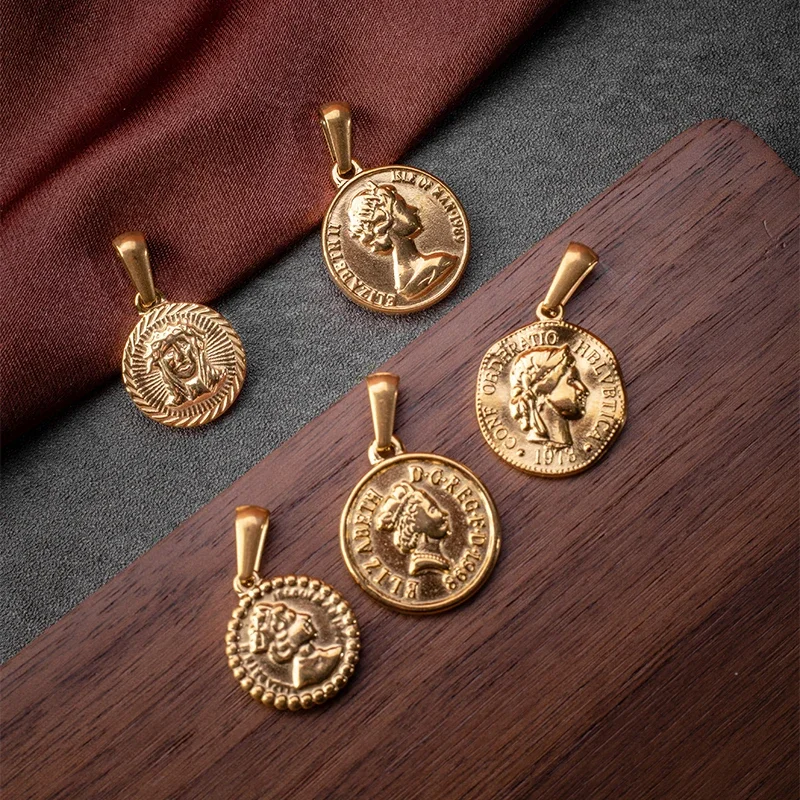 5PCS/Lot Ancient Roman Coin Charm Women Men Round Pendant Stainless Steel Gold Jewelry Pendentifs Bijoux Acier Inoxidable Femme