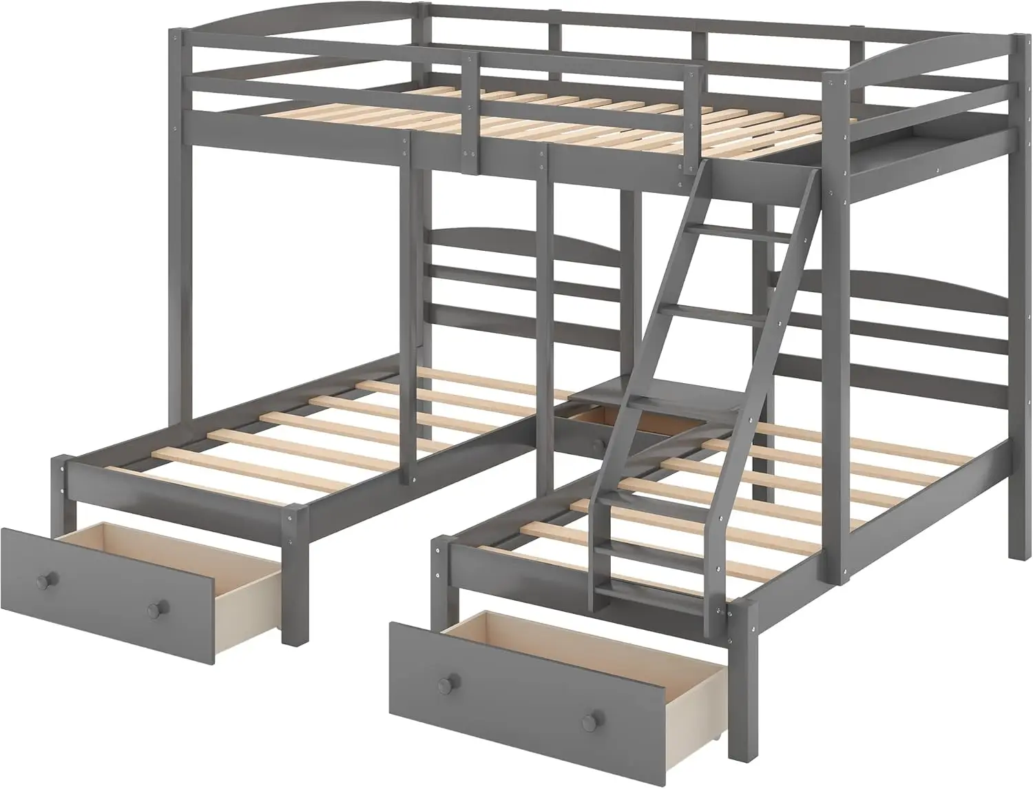 over Twin & Twin Bunk Bed,Triple Bunk Bed Frame for Boys Girls Kids Adults Toddler with Drawers, Gray
