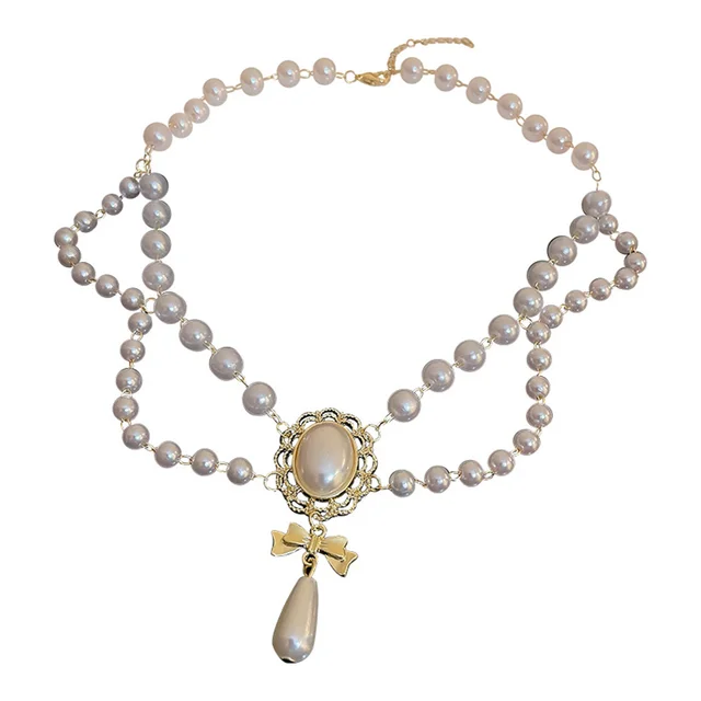 Elegant White Pearl Heart Necklace Vintage Pearl Choker Necklace For Women Multi-Layer Bowknot Pendant Wedding Necklace Jewelry - Image 6