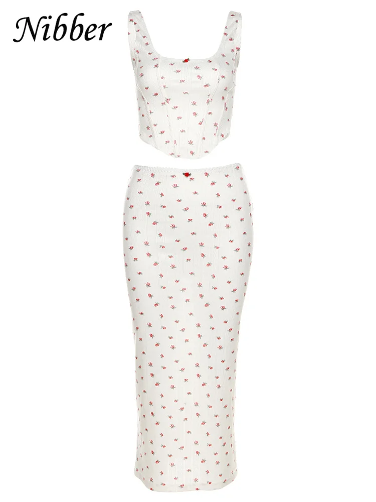 Nibber Sweet Floral print Two Piece Set Women New Hipster Unique Shape Spaghetti Strap Tops + High Elastic Waist Hip Skirts suit