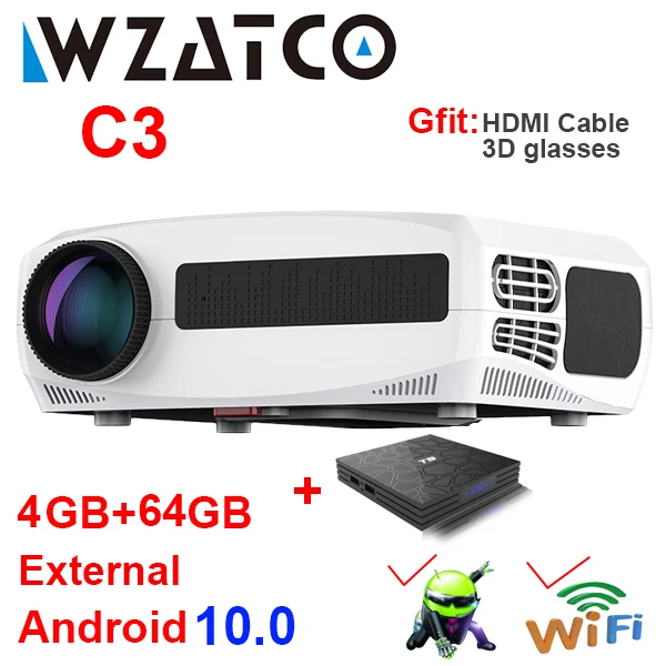 WZATCO C3 4D Keystone LED Projector 4K Android 10.0 WIFI 1920*1080P Proyector Home Theater 3D Media Video player Game Beamer rca projector Projectors