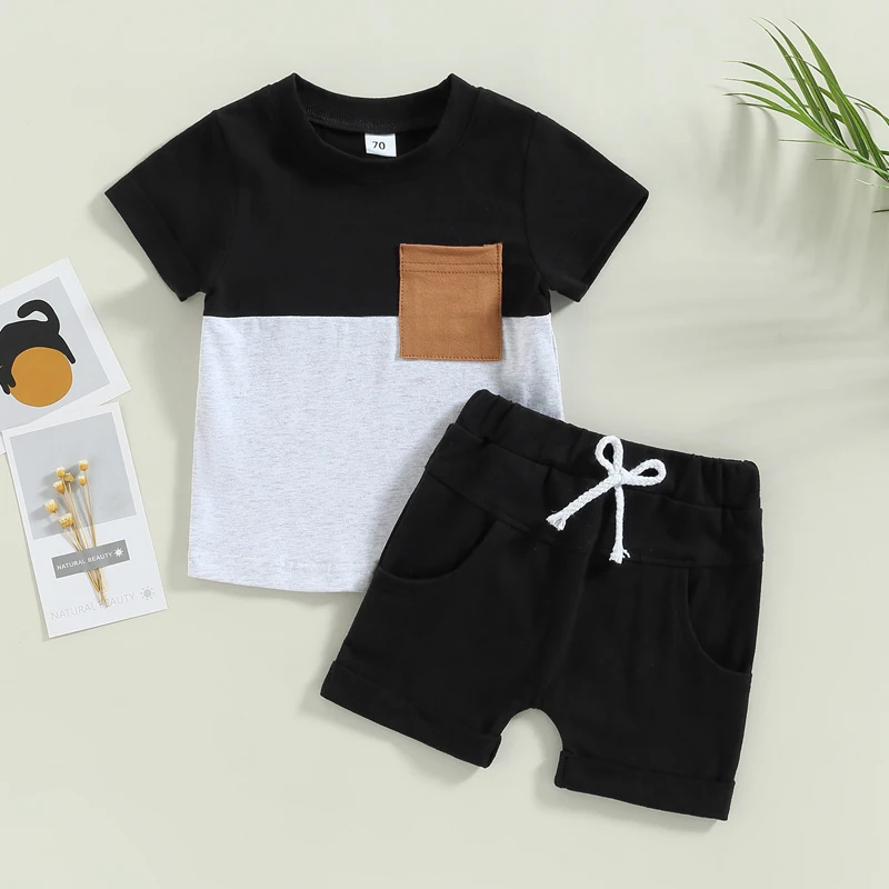 2Pcs 0-3Years Toddler Boys Summer Outfit Sets Short Sleeve Contrast Color Tops Solid Drawstring Shorts