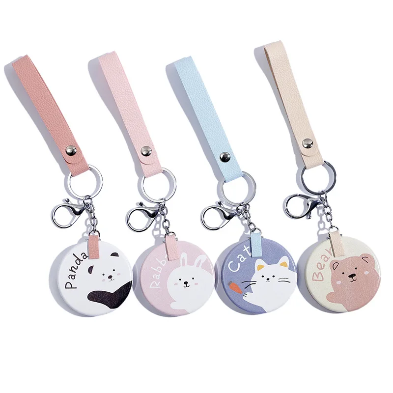 Portable Mini PU Leather Pocket Makeup Mirror Key Chain Cosmetic Compact  Mirrors Double-Sided Folding Multifunctional Keyring