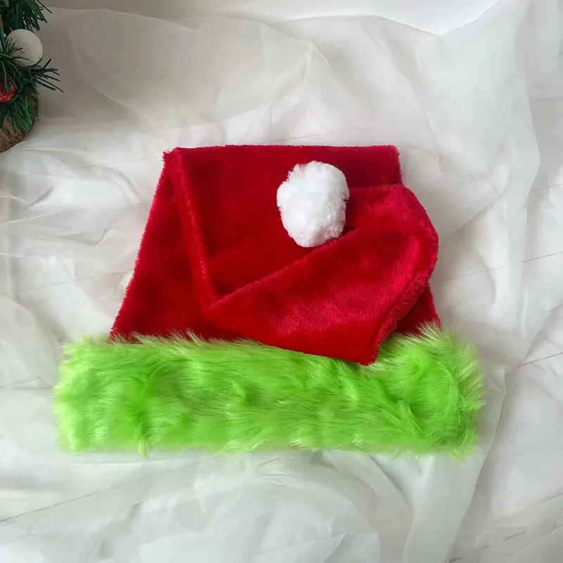 Plush Christmas hat 75CM red plush holiday decoration hat with green edge Christmas atmosphere