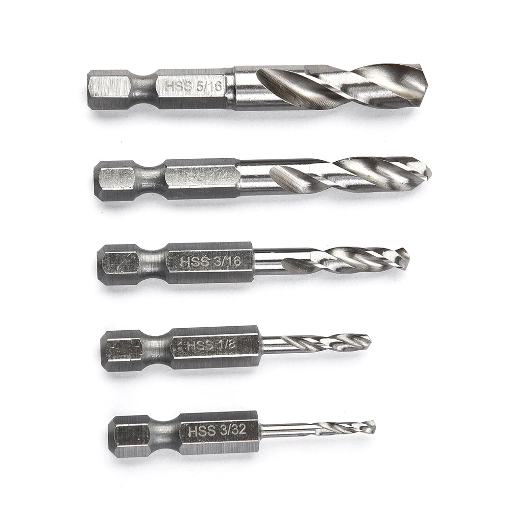

5pcs Stubby Drill Bit Set For Metal Quick Change 1/4" Hex Shank High-speed Steel 3/32'' 1/8'' 3/16'' 1/4'' 5/16'' Drill Bits