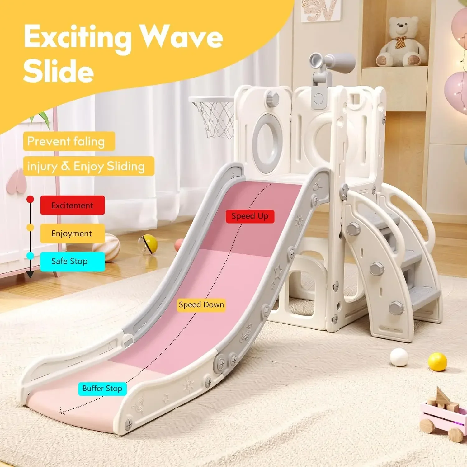 6 in 1 Toddler Playset with Slide,Toddler Slide,Slide for Kids with Basketball Hoop,Ball,Ring Toss,Kids Slide Toddler Playground