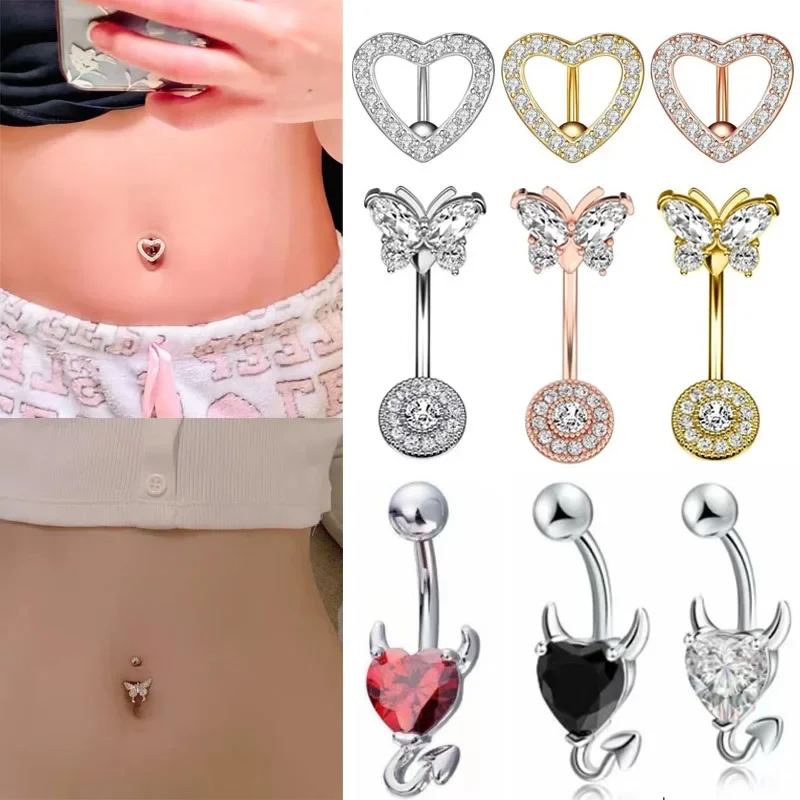 Crystal Heart Belly Button Rings Stainless Steel Butterfly Belly Ring Cute Pink Navel Barbell Body Piercing Jewelry for Women