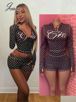 Joskaa Dot Print Tracksuit Set Women Long Sleeve Crop Top Bodycon Shorts 2 Piece Outfit Y2K Aesthetic Streetwear Party Clubwear 1