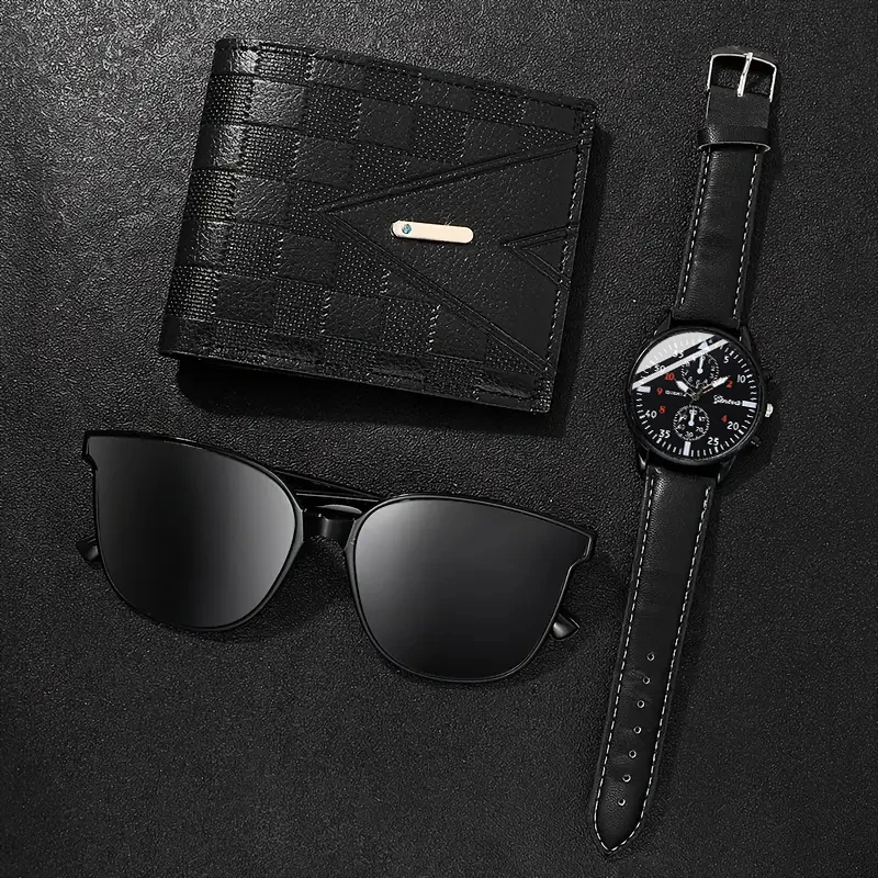 3pcs Men's New Fashion Versatile Watch - Quartz Movement, Handsome Sunglasses, Casual Wallet Perfect Business Party Gift 2
