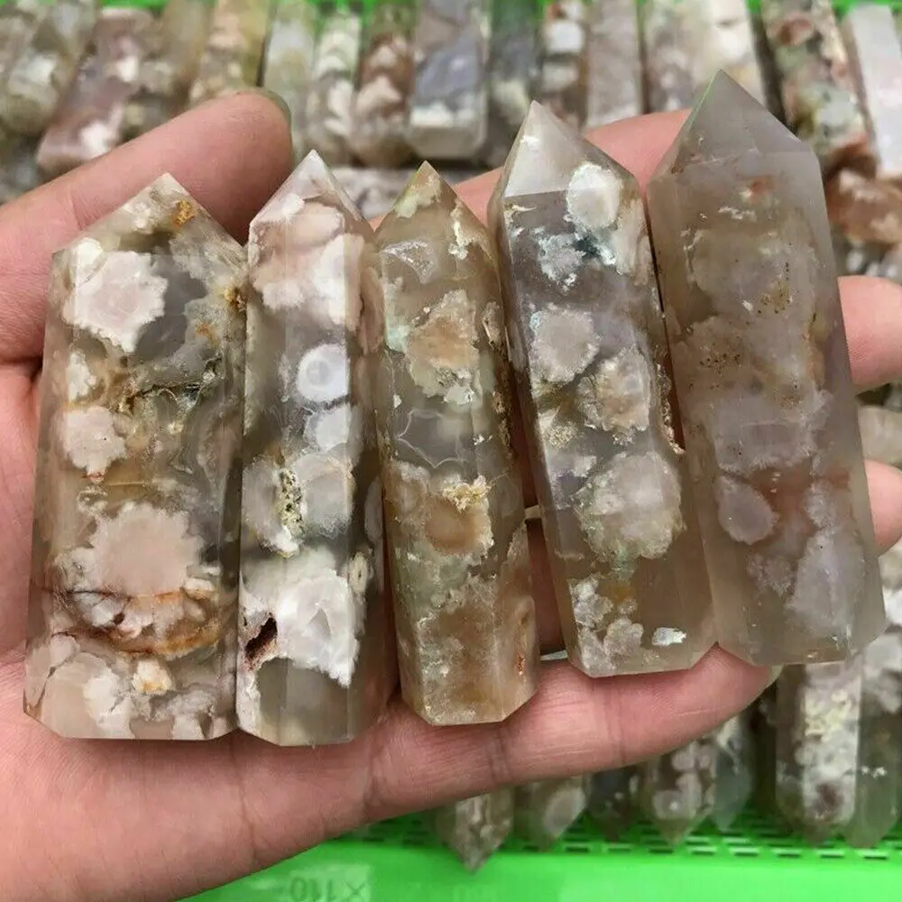 

Natural flower agate tower point quartz crystal Obelisk wand heals stone