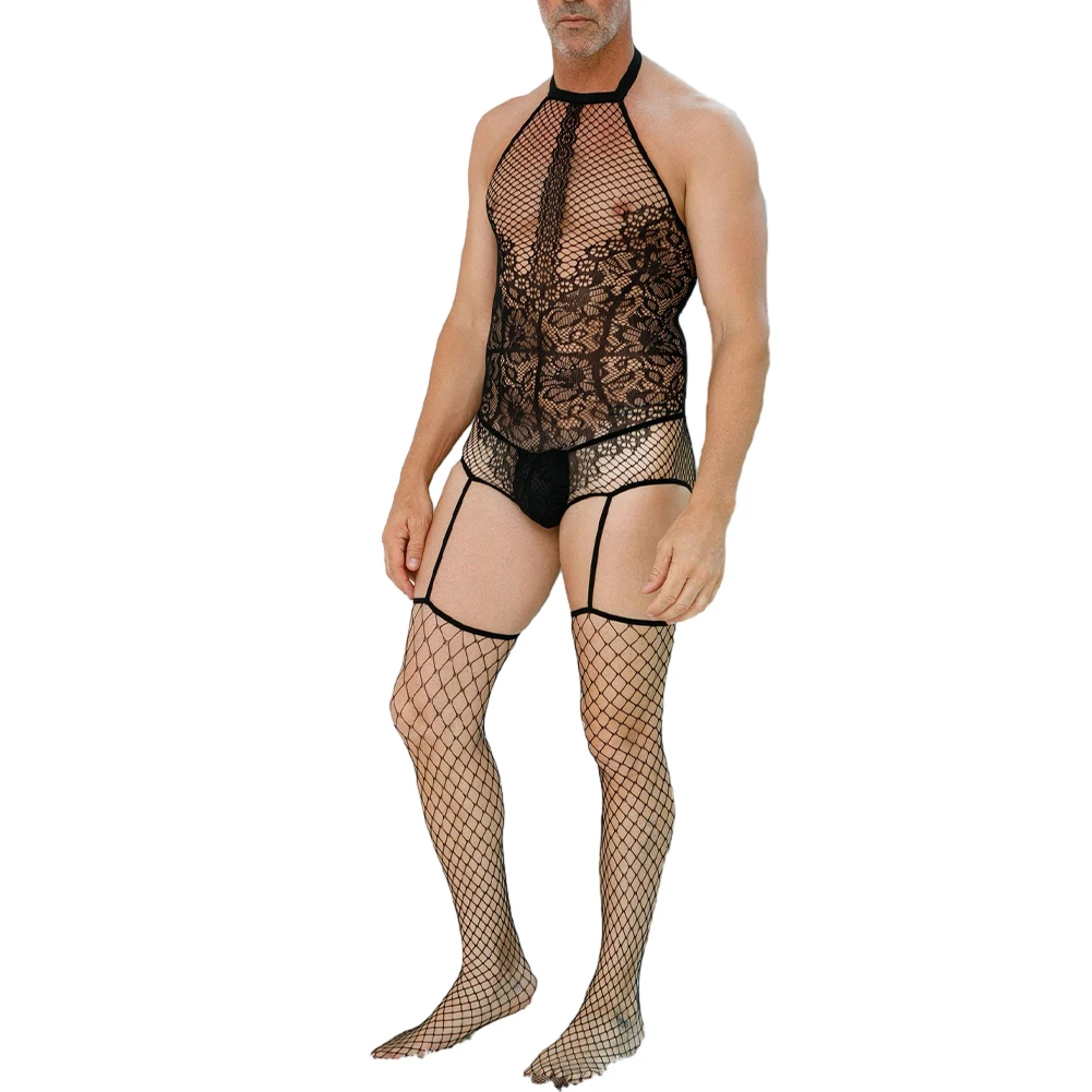 

Sexy Men Fishnet Jumpsuit Lace Mesh Pantyhose Backless Halter Neck Clubwear Full Body Stockings Sissy Bodysuit Erotic Lingerie