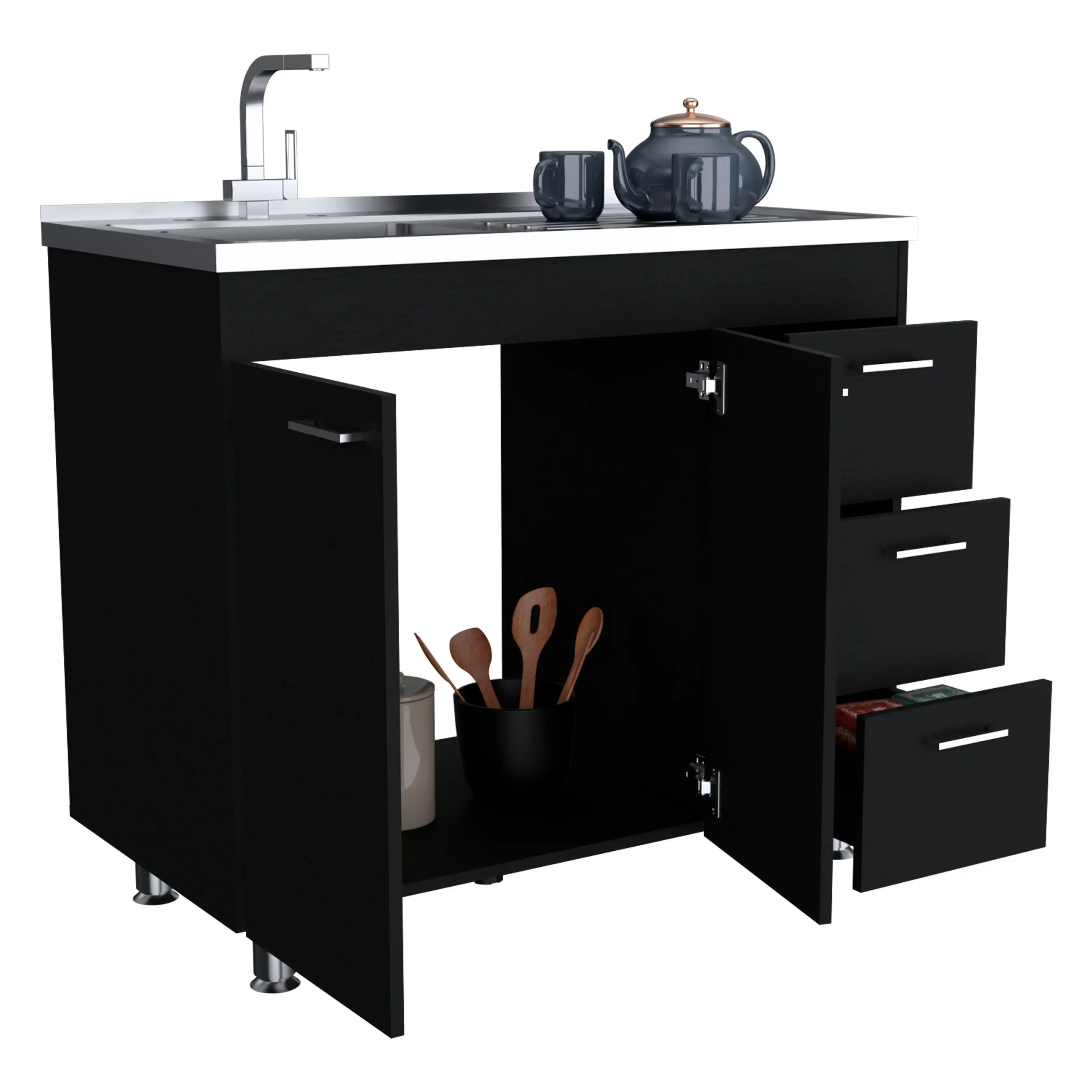 Ferretti Utility Sink with Three Drawers and Double Door Cabinet Black 5