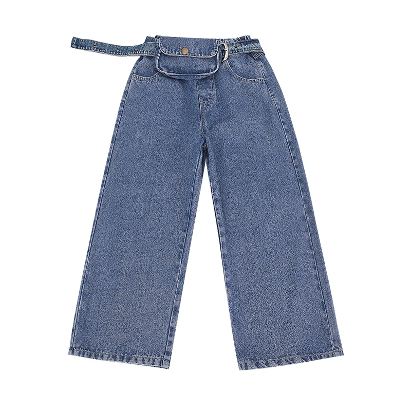 Trendy Girls Jeans Spring Autumn Kids Wide-leg Pants Casual Trousers High  Waist belt Bag Baggy jeans for Girls 10 11 12 13 Year