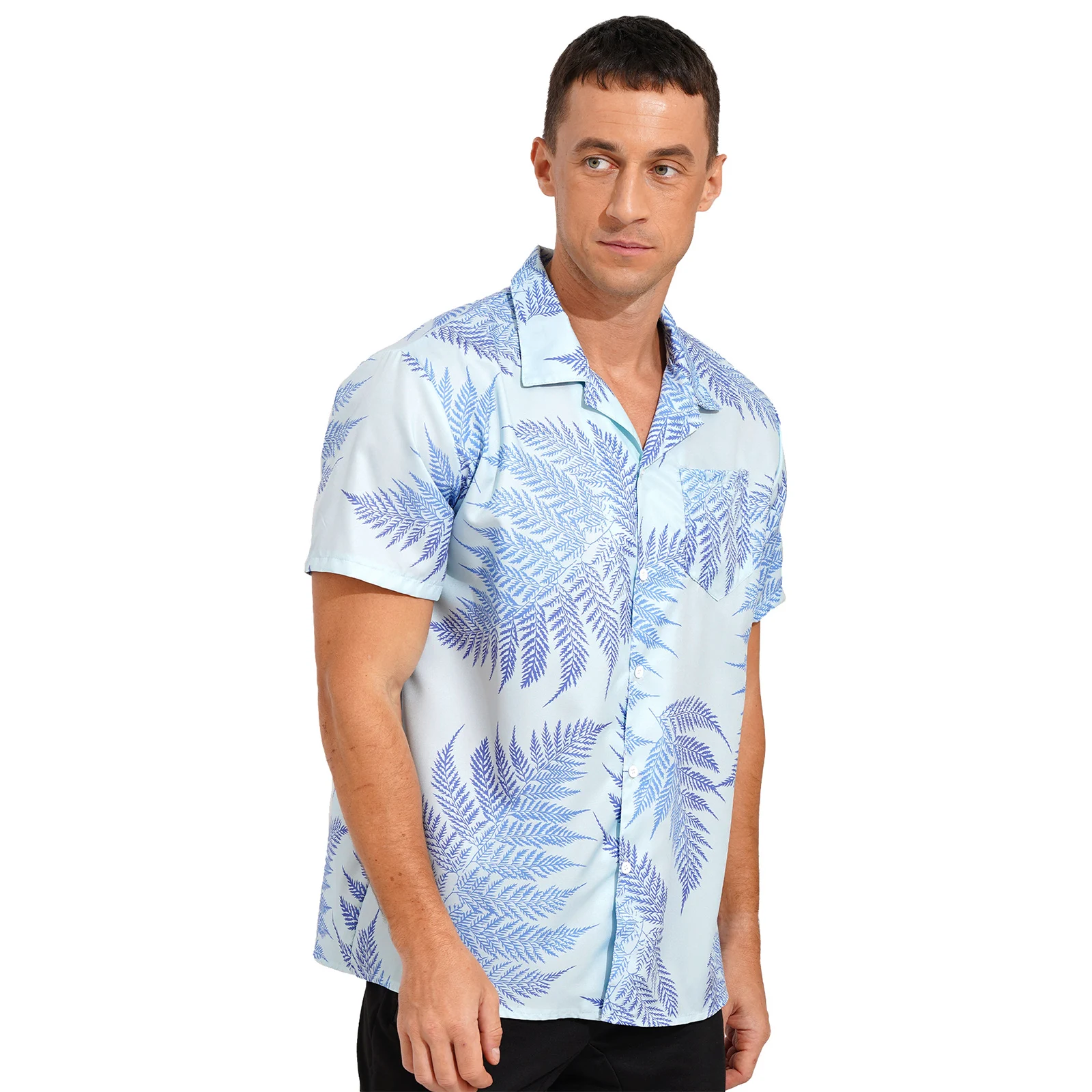Fashion Mens Leaf Print Hawaiian Shirt Casual Short Sleeve Button Down Shirts Vacation Cruise Travel Beach Notched Collar Tops