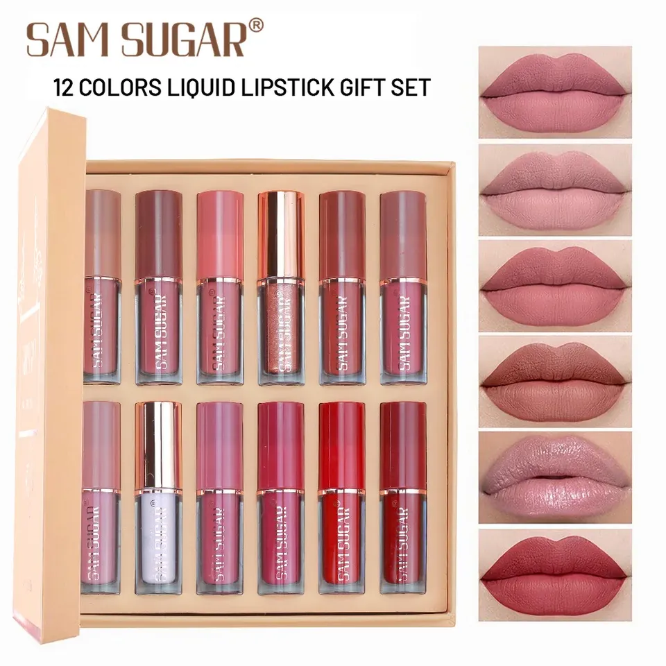 SAM SUGAR 12pcs Nude Matte Velvet Lip Gloss Set Non-Stick Cup Long-Lasting Waterproof Easy Color Liquid Lipstick Book Gift Box