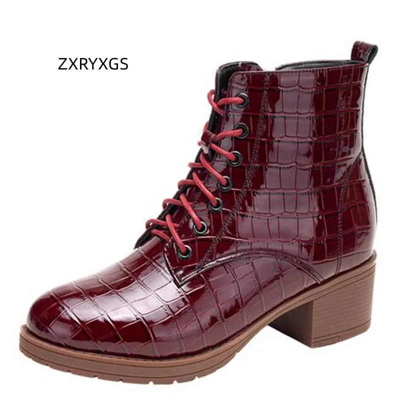 

ZXRYXGS British Style Cross Strap Side Zipper Patent Leather Martin Boots 2024 New Autumn Winter Shoes Woman Boots Large Size