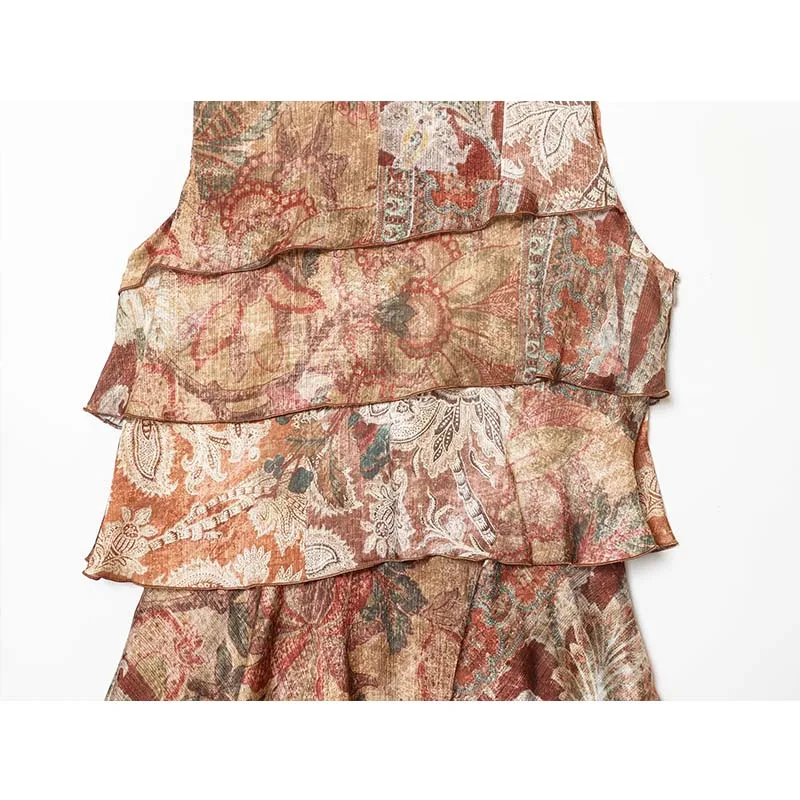 Women Fashion Printed Layering Ruffles Short Dress 2025 Summer New Street Sleeveless Mini Dress Elegant Holiday Party Dresses