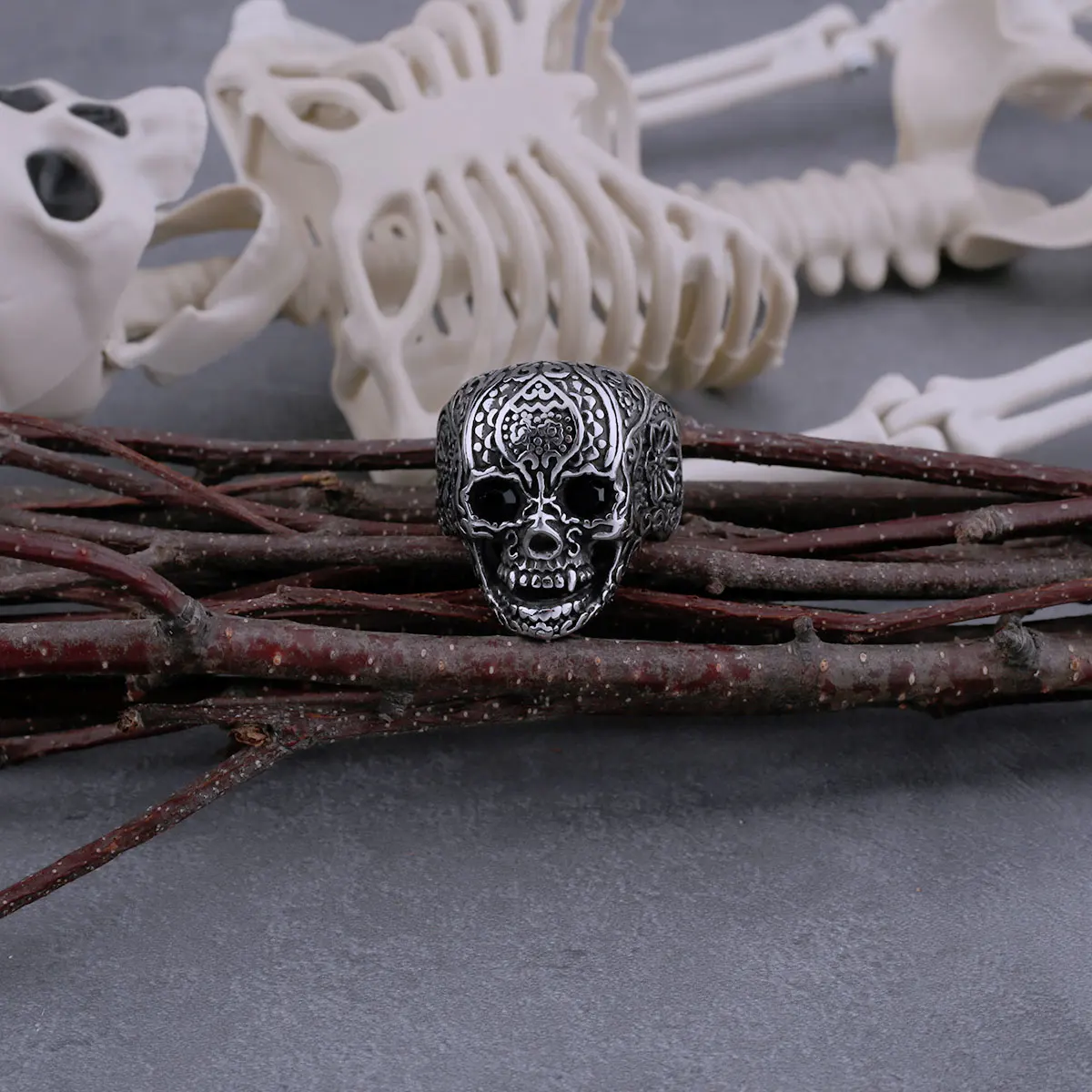 Stainless Steel Retro Flower Skull Ring Men's Gothic Hip Hop