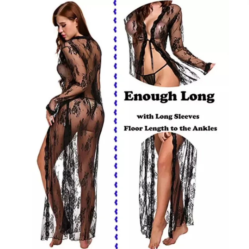 Tornova Sexy Lace Mesh Transparent Robe Nightgown Women See-Through Lace Printing Deep V-Neck Home Ultrathin Nightgown women sleepwear sleepwear pajamas